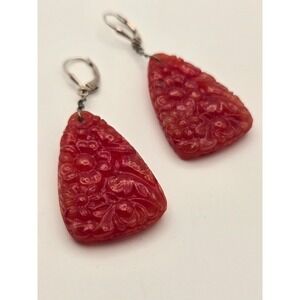 VTG Czech Bohemian Red Pressed Glass Floral Drop Earrings Sterling Silver 925
